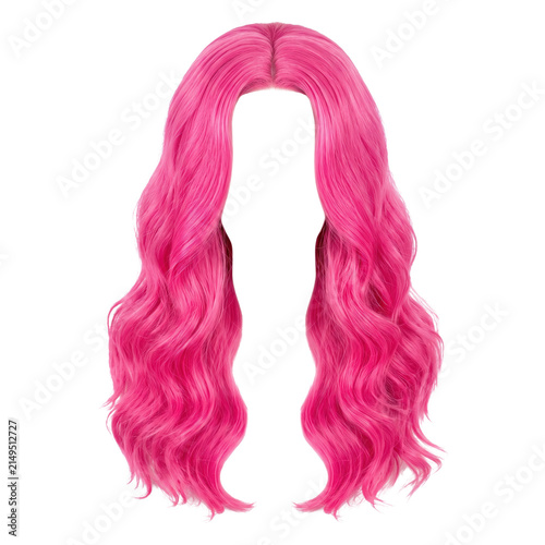 Plakat Long wavy hot neon pink hair wig isolate
