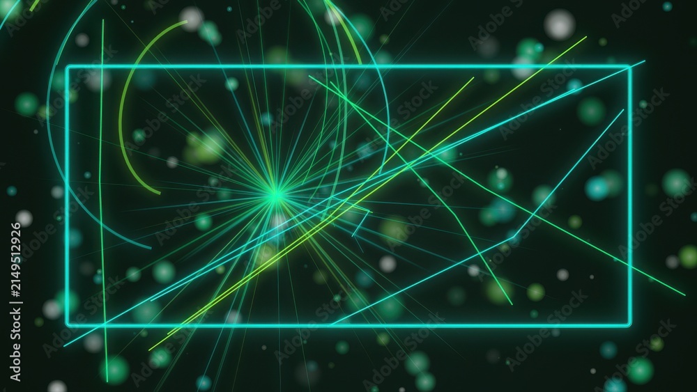 Obraz premium Abstract particle explosion with green neon lines for digital visual background.