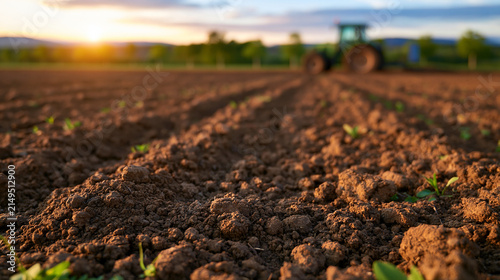 A tractor working in a freshly plowed agricultural field at sunset. Ideal for farming and sustainable agriculture.