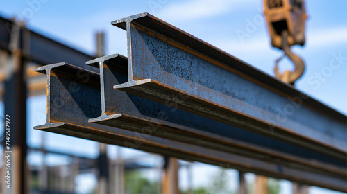Heavy steel I-beams on a construction site being lifted by a crane. Industrial infrastructure background.