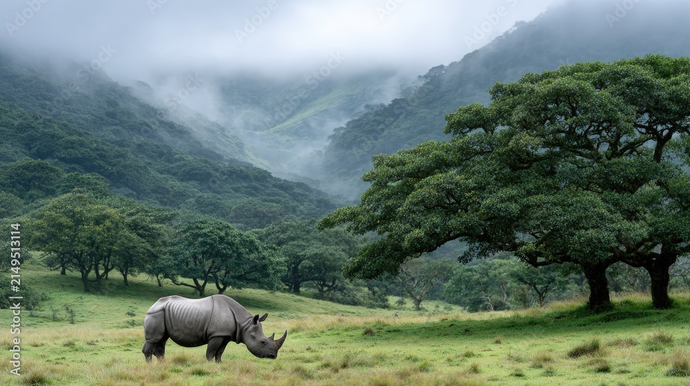 Naklejka premium An Indian one horn rhinoceros explores a verdant grassland, surrounded by tall wild grass and shrouded in gentle morning mist