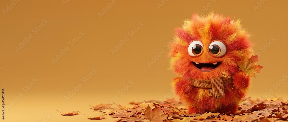 Fototapeta premium Funny fluffy orange monster holding maple leaf in autumn. Cute creature wearing knitted scarf standing on fall foliage. Banner with copy space