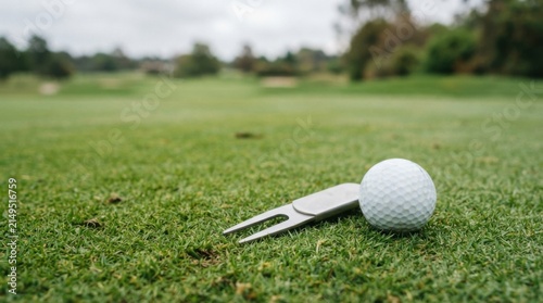 Golf ball and divot repair tool on grass