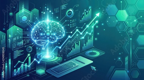 Visual of a brain connected to digital data and graphs with a computer in a tech environment showcasing data analysis and machine learning