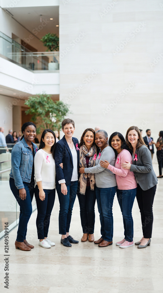 Fototapeta premium Diverse group of women wearing pink ribbons and standing together in a bright modern environment, symbolizing unity, breast cancer awareness, hope, empowerment, Pink October, breast cancer prevention
