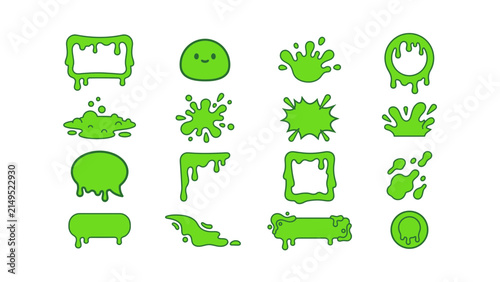 Set of green slime elements with drips blobs and gooey liquid shapes for creative design projects and funny cartoon style decorations Vector