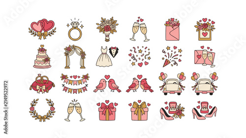 Set of hand drawn wedding icons with bride and groom dress ring cake champagne toast flowers and gift boxes