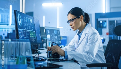 Female AI engineer designing microelectronics using artificial intelligence