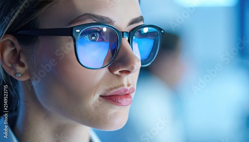 Scientist in glasses analyzing futuristic technology screen reflection