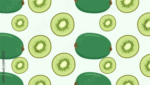 Sliced kiwi fruit seamless pattern showing whole and cut pieces of fresh green kiwi on a light mint green background.