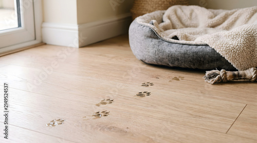 wet paw prints on wooden floor near dog bed