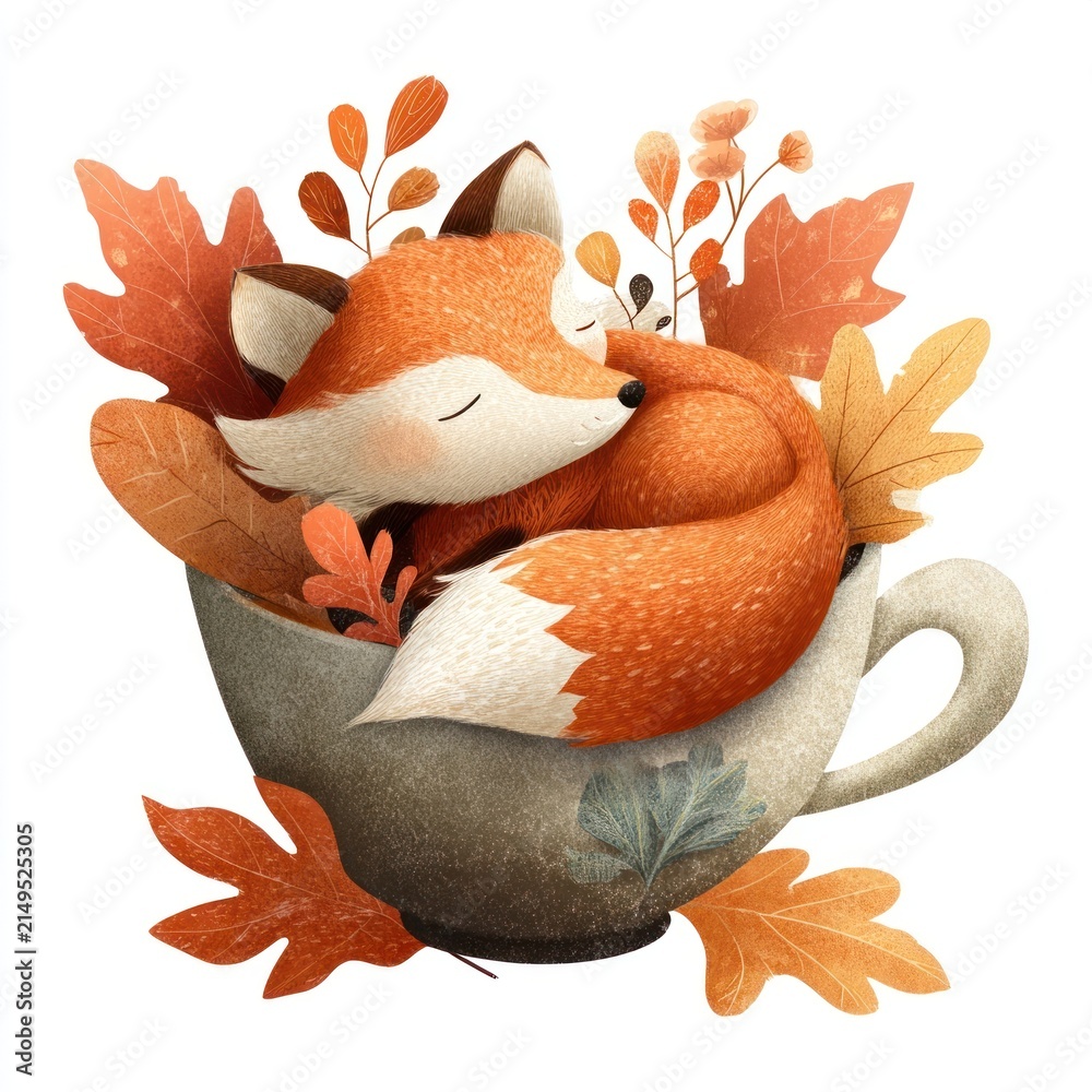Fototapeta premium Cozy fox curled in cup with autumn leaves illustration.