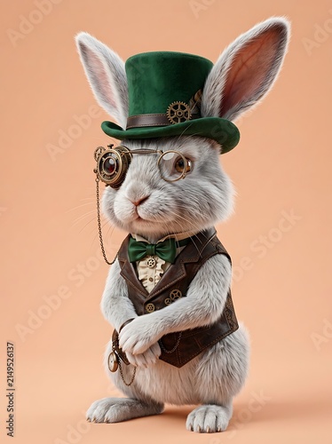 Steampunk White Rabbit Wearing Green Top Hat and Victorian Outfit