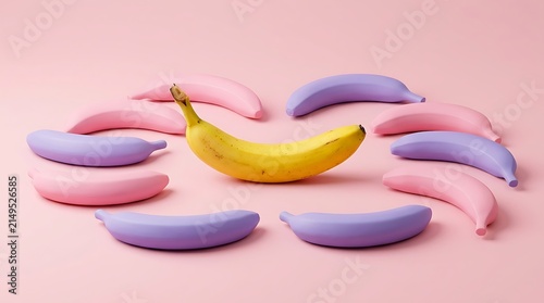 Colorful bananas arranged in circle with natural yellow banana on pink background