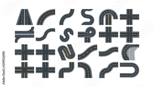 Set of asphalt road segments with curves turns intersections and straight highway pieces for map design and traffic infrastructure planning in a collection of flat icons Vector