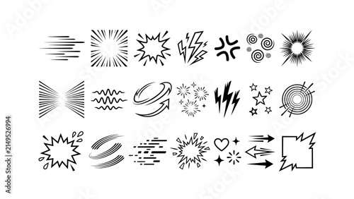 Set of black and white manga comic book speed lines action effects and emotional expression symbols for graphic design projects Vector