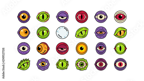 Set of colorful cartoon monster eyes in various shapes and styles for fantasy character design and creative illustrations Vector