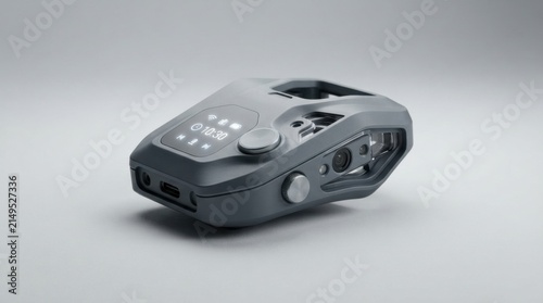 Drone model showcasing design and features with visible buttons and display screen on a plain background