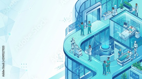 Innovative healthcare technology design showcasing interactions among medical professionals, patients, and robotic assistants in a modern hospital setting
