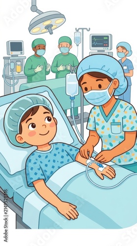 Children in hospital preparing for care with health workers nearby during a daytime setting