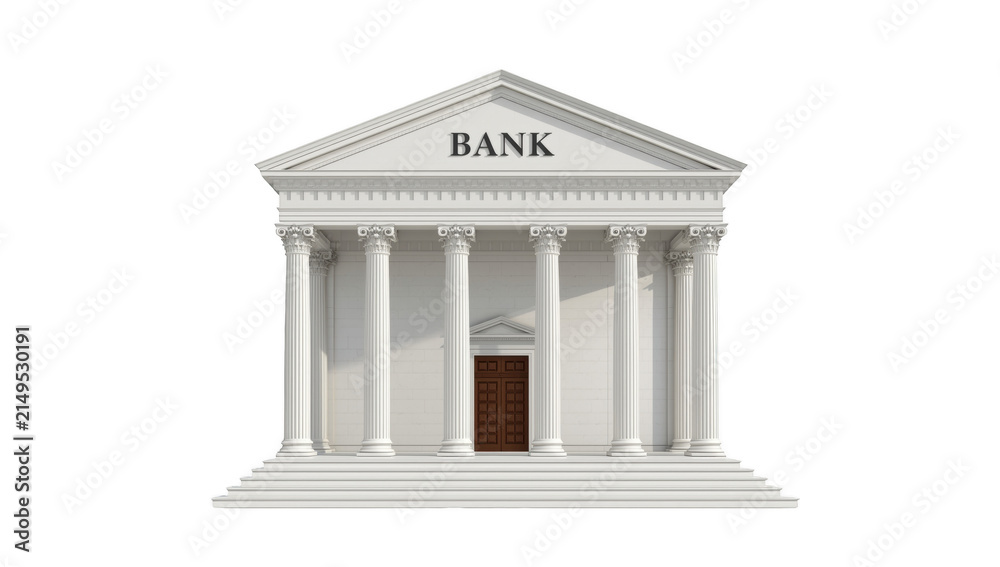 Obraz premium Classic neoclassical bank building architecture with white columns and pediment isolated on a solid black background isolated on a transparent background