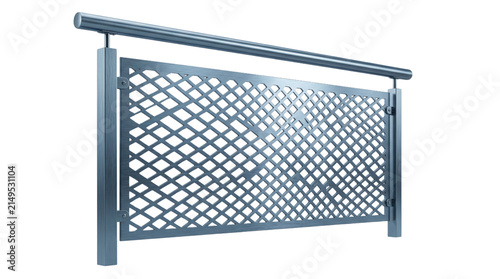 Modern stainless steel railing with perforated metal panel, industrial chrome balcony fence, architectural safety handrail