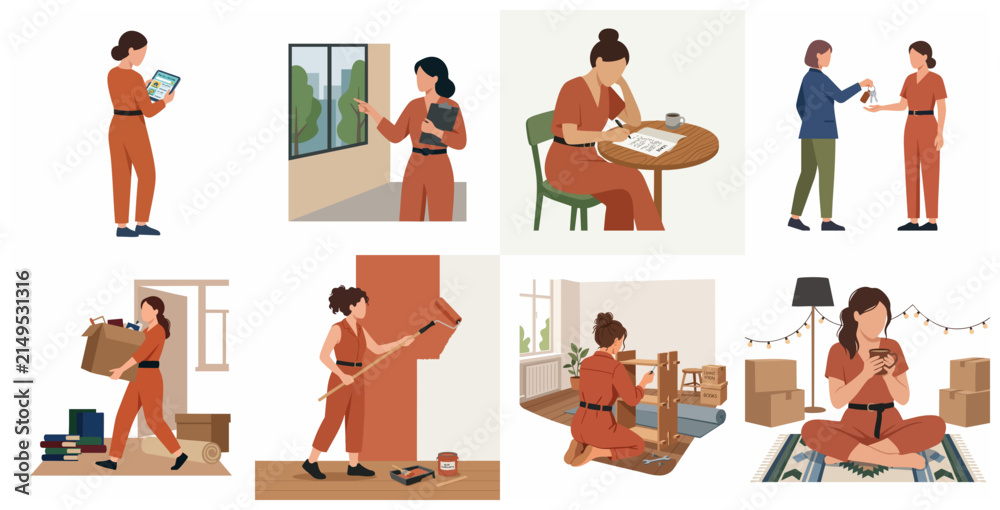 Fototapeta premium Flat vector illustration set of a woman buying a new home, moving, painting walls, and assembling furniture.