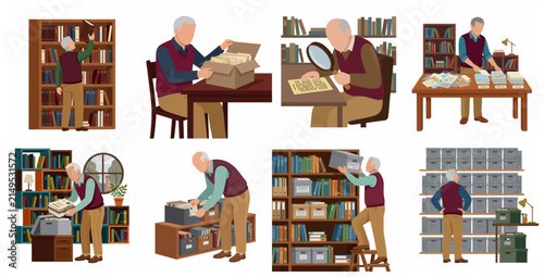 Foto Senior archivist and librarian illustration set, elderly man researching documen