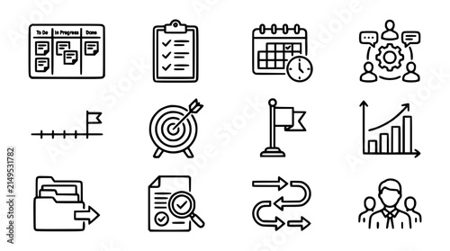 Agile Project Management and Scrum Workflow Line Icon Set Featuring Kanban Board Targets Checklists Timelines and Corporate Team Collaboration Vectors