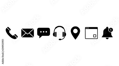 Customer Service and Communication Contact Glyph Icon Set Featuring Telephones Envelopes Chat Bubbles Headsets Map Pins Browsers and Alert Bell