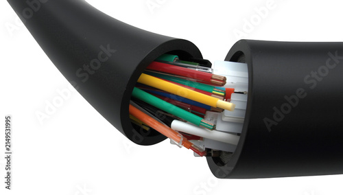 Close up of cut black electrical cable revealing multicolored internal wires isolated on black background view isolated on a transparent background