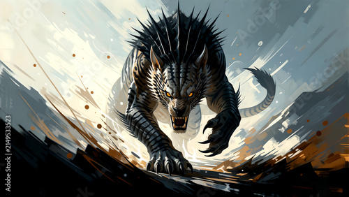 A fierce mythical creature charging forward in a dynamic and aggressive artistic style.
