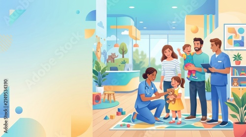 Health care workers interact with children and families in a bright and modern clinic setting