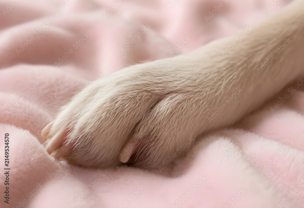 Fototapeta premium Puppy paw with soft fur resting on a cozy pink blanket, pet care and comfort concept, close up detail