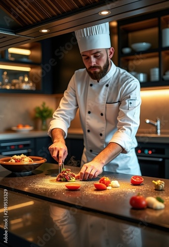 Billionaire Dinner Party Chef Culinary Performance Exquisite Penthouse Kitchen Evening Ambiance