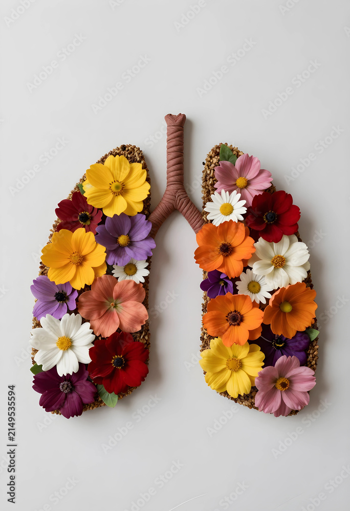 Obraz premium Human lungs made of colorful flowers and seeds health nature and environmental well being isolated on a white background