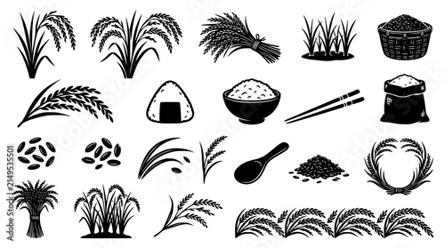 Obraz na plátne Rice Agriculture and Asian Food Silhouette Icon Set Featuring Paddy Ear Stalks H