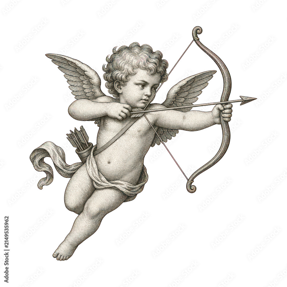 Obraz premium PNG Vintage cherub with bow and arrow illustration.