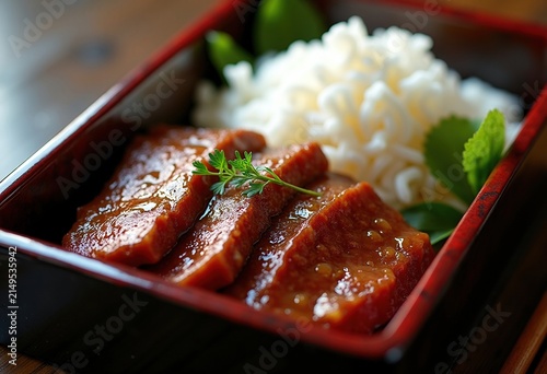 Lacquered Bento Tray Featuring Beef Teriyaki and Steamed White Rice Arrangement
