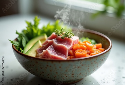 Minimalist Ceramic Bowl Fresh Tuna Avocado Poke Bowl Artistry Clean Lines Simple Aesthetic