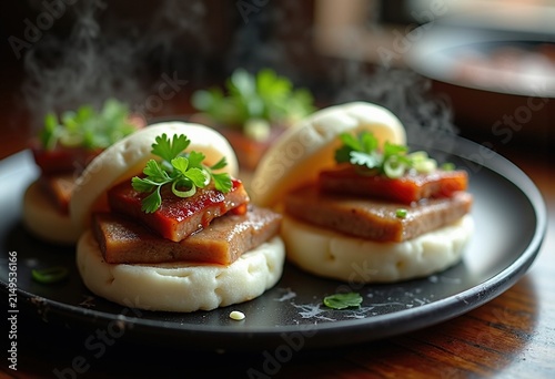 Moist Braised Pork Belly Steamed Bao Buns Freshly Served in Contemporary Asian Street Bar