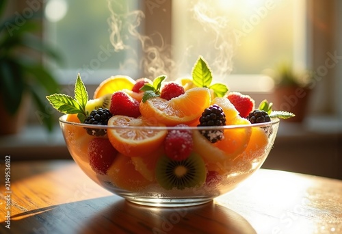 Morning Sunlit Glass Bowl Full of Juicy Mixed Fruits Amidst Lush Greenery