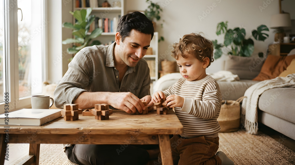 Obraz premium Parent and child assembling colorful puzzle pieces together