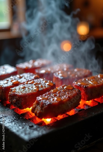 Vivid Korean BBQ Charcoal Grilled Short Ribs Over Table Charcoal Grill Natural Atmosphere