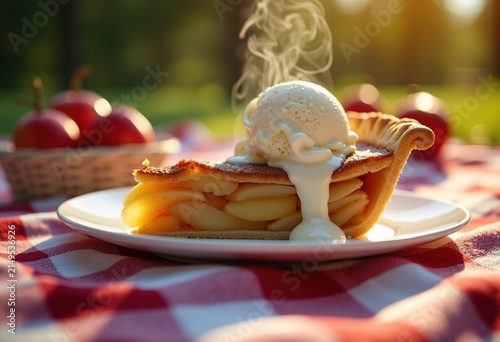 Warm Apple Pie Delight Served on a Classic Checkered Picnic Blanket with Indulgent Vanilla Scoop
