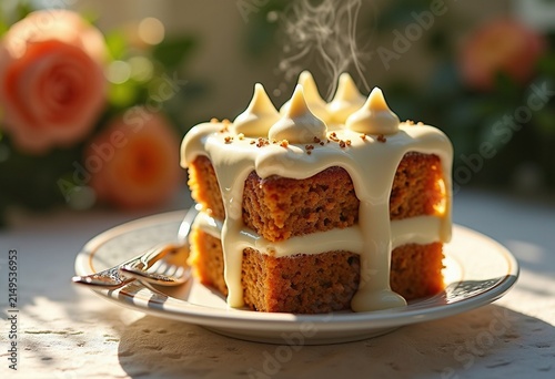 Whimsical Slice of Carrot Cake Smothered in Cream Cheese Icing on Vintage Dessert Dish Amid Floral Settings