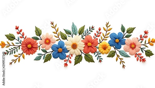 Colorful floral border with decorative flowers and green leaves arranged in a horizontal line