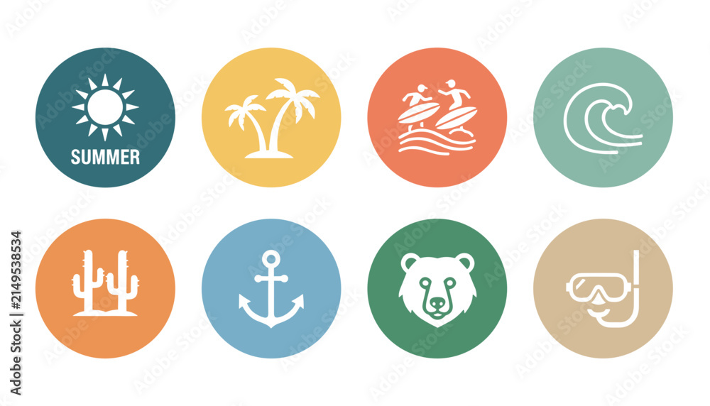 Fototapeta premium Eight colorful circular icons depict various summer activities and elements such as surfing, diving, sunshine, and palm trees.