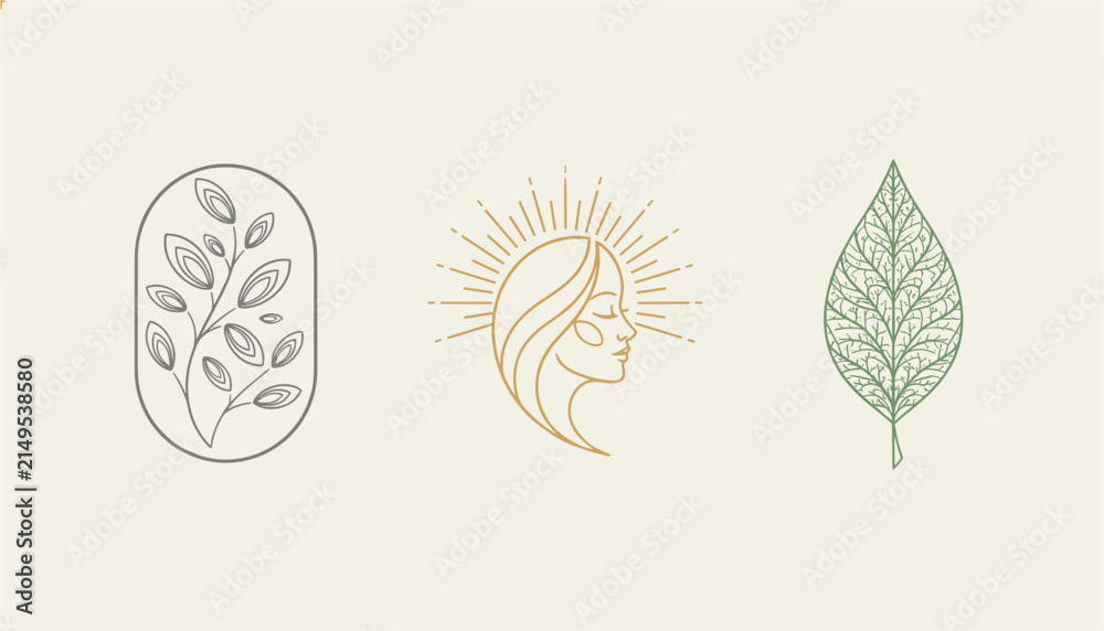 Obraz premium Trio of minimalist icons includes a branch in an oval, a woman's profile with a sunburst, and a detailed green leaf.