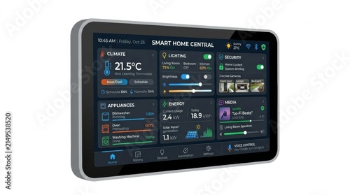 Smart home control panel displays status of devices on Friday, October 25